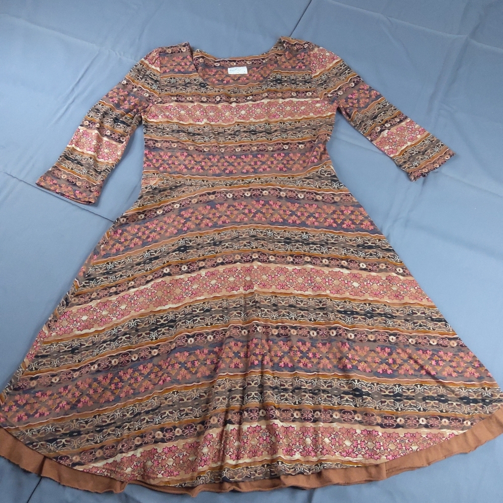 Feather Clothing Brown Floral Print Fit and Flare Dress 3/4 Of Sleeve Size 2